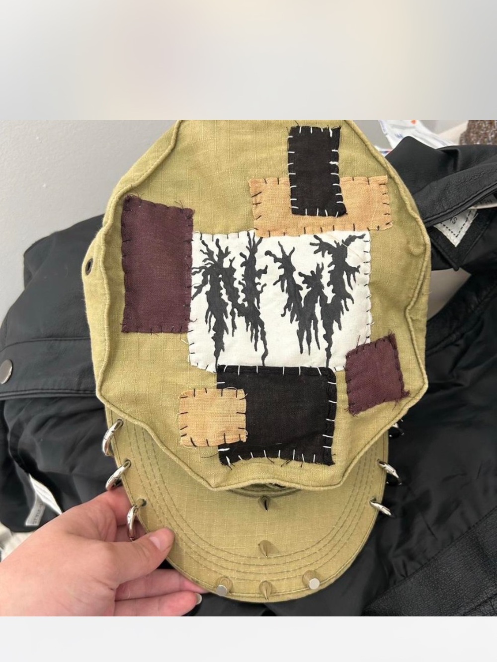 Olive Green Patchwork Men’s Cap with Metal Rings